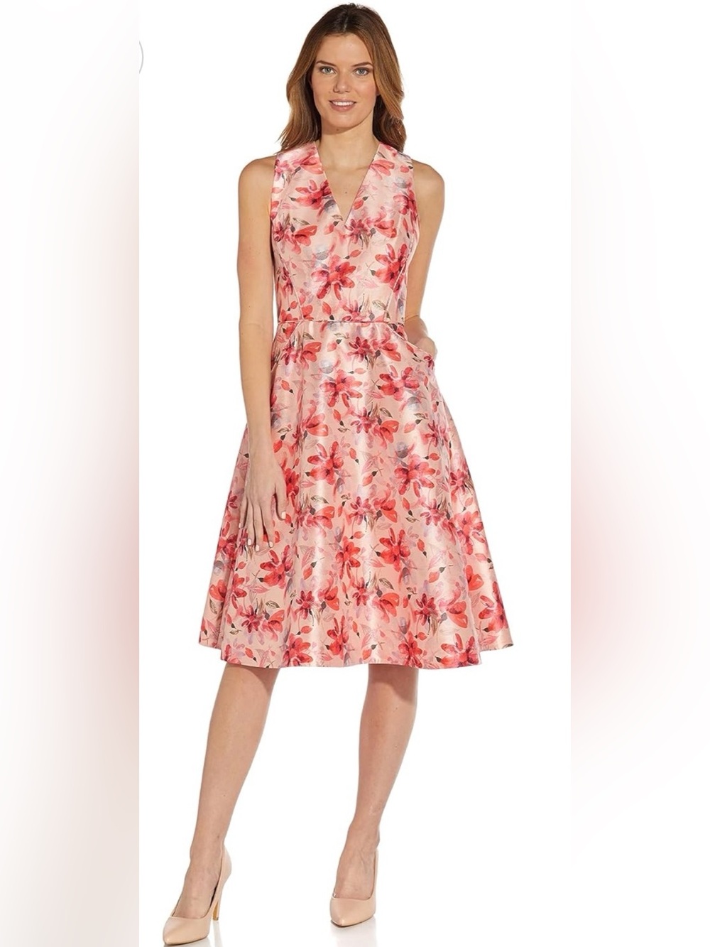 Adrianna Papell Pink Floral Midi Fit-and-Flare Dress 4